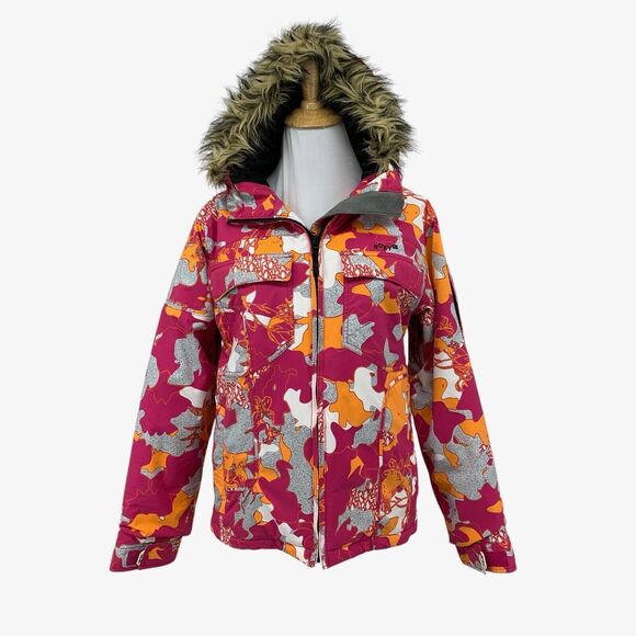 Roxy Jacket Girls XL Extra Large Pink Orange Faux Fur Hood Full Zip Snowboarding - Picture 1 of 16